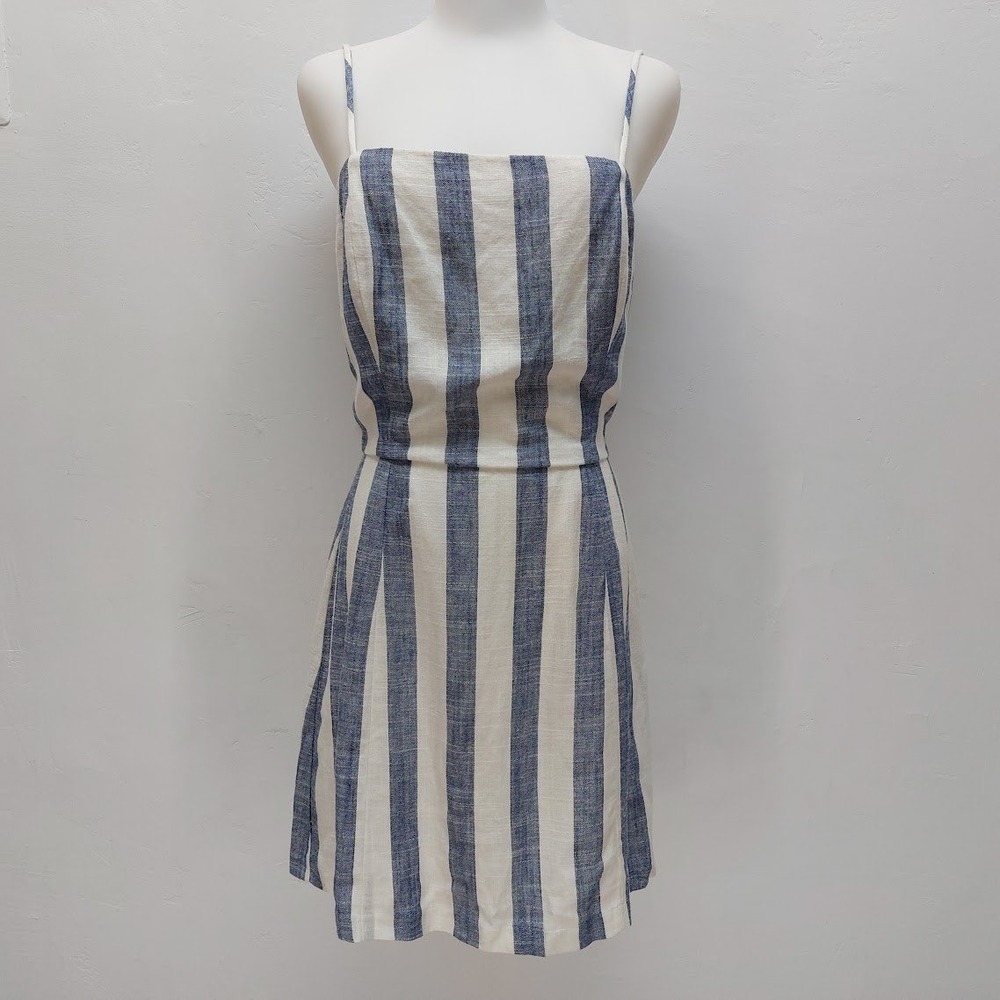Willow Stripe Mini Dress Women's Small Blue White Linen Blend Smocked Back Sun